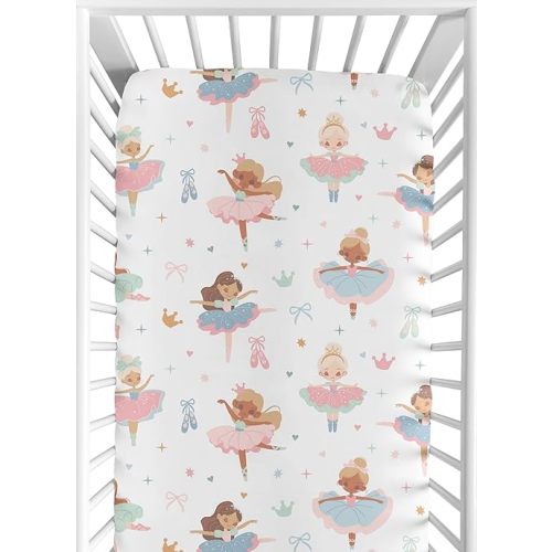 Sweet Jojo Designs Ballerina and Bows Girl Baby Fitted Crib Sheet for Infant Newborn Nursery Toddler Bed Room Standard Mattress Ballet Shoes Dancer Hearts Sparkles Crowns Princess Tutu Pink Blue Green