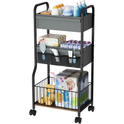 Baby Diaper Caddy Organizer Cart, 3-Tier Rolling Diaper Cart with Lockable Wheels | 4+3 Dividers, Bedside Trolley for Baby Essentials for Nursery, Bedroom, Bathroom, Utility Cart