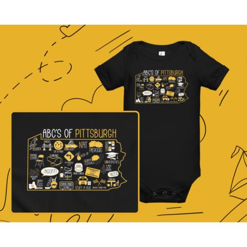 ABCs of Pgh Baby Short Sleeve One Piece | PGH | Yinzer Clothes | Pittsburgh Baby Clothes | Snap Closure Body Suit
