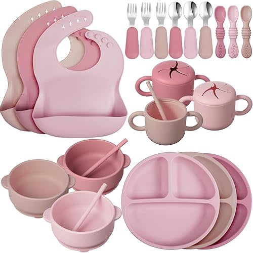 24 Pack Silicone Baby Feeding Set Baby Led Weaning Supplies Includes Suction Divided Plates Soft Bowl Spoons Forks Adjustable Bib Snack Cup and Straws for Baby (Dark Pink, Dusty Pink, Peach Color)