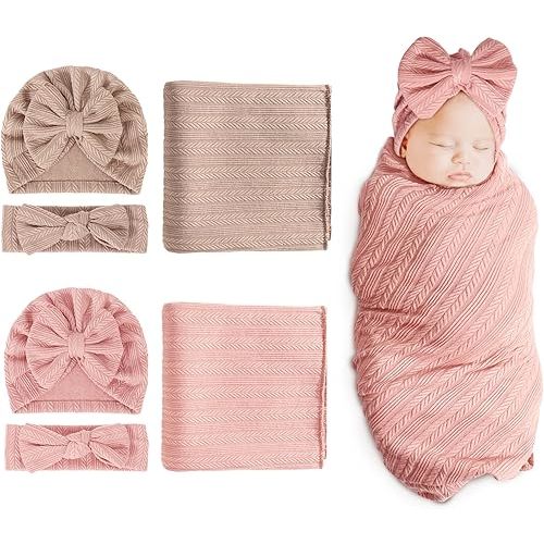 DRESHOW BQUBO Newborn Receiving Blanket Headband Hat Set for Baby, Unisex Baby Boys Girls Essentials, Newborn Registry Must Haves, Stroller Crib Shower Gifts