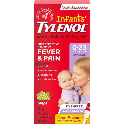 Tylenol Infant Fever, Teething and Pain Reliever for Baby, Grape Suspension Medicine, 24mL