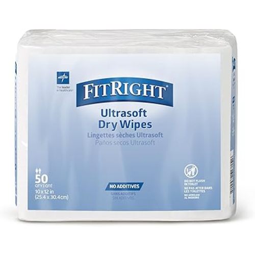 Medline Ultrasoft Absorbent Dry Cleansing Wipes, Hypoallergenic and Fragrance-Free, 10" x 13", 50 Count