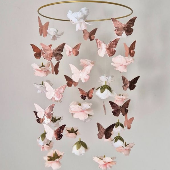 Flower and Butterfly Mobile, Baby Girl Mobile for Crib, Butterfly Crib Mobile, Rose Gold Baby Mobile, Flower Mobile, Floral Nursery Mobile