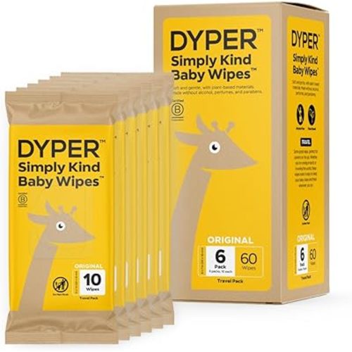 DYPER - 99% Water Based Travel Baby Wipes 100% Made from Plant-Based* & Honest for Sensitive Skin, Fragrance & Plastic-Free - Unscented, Pack of 6 (60 Count)