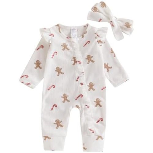 Newborn Baby Girl Christmas Outfit Waffle Knit Santa Candy Jumpsuit Romper Ruffle Bodysuit Long Overalls with Bow
