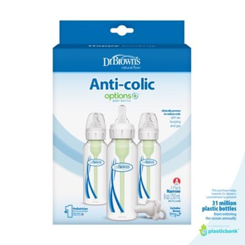 Dr. Brown's Natural Flow Anti-Colic Options+ Narrow Baby Bottle, 8oz, 3 Pack + HappyPaci