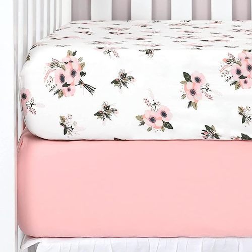 TILLYOU Fitted Crib Sheets - 100% Cotton Fitted Sheets for Standard Crib Mattress, Toddler Bed Mattress Fitted Sheets 2 Pack, Machine Washable, 28”x52”x8”,Pink&Floral Flowers - 2-pack Pink/Floral Flowers - crib sheet