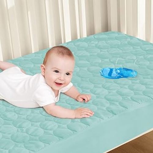 Crib Mattress Protector Waterproof, Soft Breathable Toddler Mattress Pad Cover, Crib Size Fitted Sheets Fit for Baby Toddler Bed Mattress (Standard Size 52” x 28”), Aqua