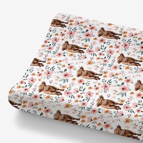 HawSkgFub Highland Cow Boho Floral Changing Pad Cover for Baby Girls, Western Farm Animal Retro Flower Diaper Change Table Covers, Soft Stretchy Safe Snug Fitted Changing Mat Sheet Fit 32"/34" x 16"