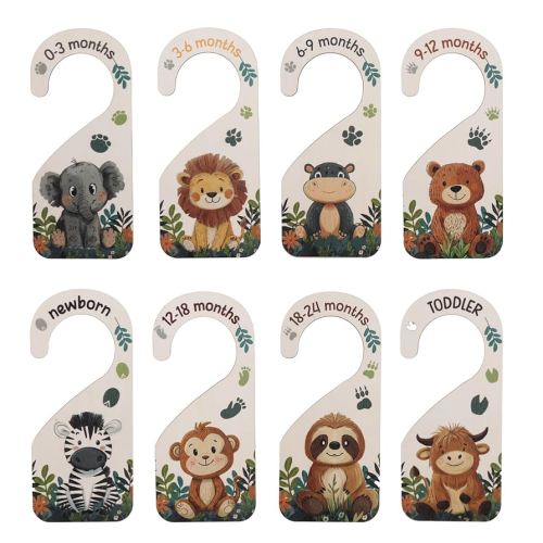 8pcs Baby Size Closet Dividers, Wooden Baby Wardrobe Organizer Newborn to 24 Months Woodland Nursery Decor Double-Sided Nursery Clothes Hanger Partition for Home Beautiful Decor (Animal)