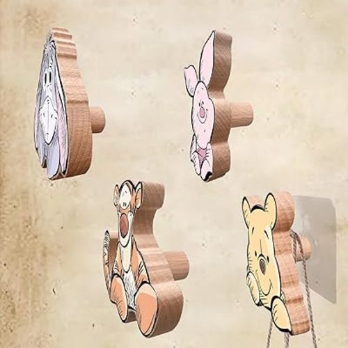 Winnie Nursery Wood Wall Hooks, 4Pcs Pooh Wooden Coat Hooks, Bear Wooden Hanging Ornaments Hooks for Kids Room, Nursery, Playroom, Cute Bear Wall Art Decoration, for Hanging Hats, Towels Clothes