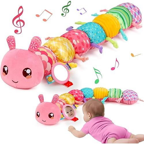 Baby Girls Toys 0-6 Month Music Animal Stuffed Caterpillar Toy for Infant 0-3 3-6 Months with Mirror Crinkle Rattle Tummy Time Sensory Toys for 3 4 5 6-12 Month Old Newborn Baby Shower Birthday Gifts