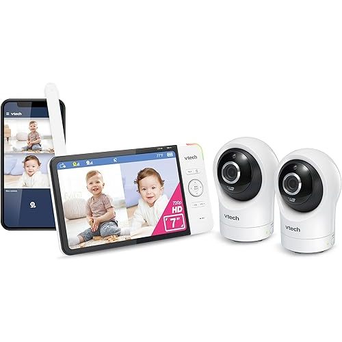 VTech RM7764-2HD 1080p Smart WiFi Remote Access 2Camera BabyMonitor, 360° Pan&Tilt, 10X Zoom, 7” 720p HD Display & NightVision, Soothing Sounds, 2-Way Talk, Temperature&Motion Detection, iOS&Android