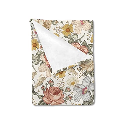 HawSkgFub Boho Retro Peony Floral Baby Blanket for Girls Gift, Beige Bohemia Daisy Flower Flannel Fleece Nursery Bed Blankets, Vintage Soft Lightweight Newborn Infant Kids Toddler Bedding 30 x 40