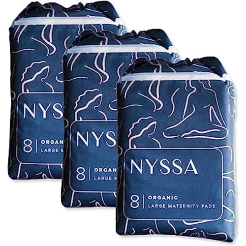 Nyssa Organic Cotton Cover Extra-Long Postpartum Pads - Menstrual Hygiene Sanitary Napkins for Teens & Adults - Eco-Friendly & Chemical-Free Feminine Pads, 3x8-Pack (24 Pads), FSA/HSA Eligible