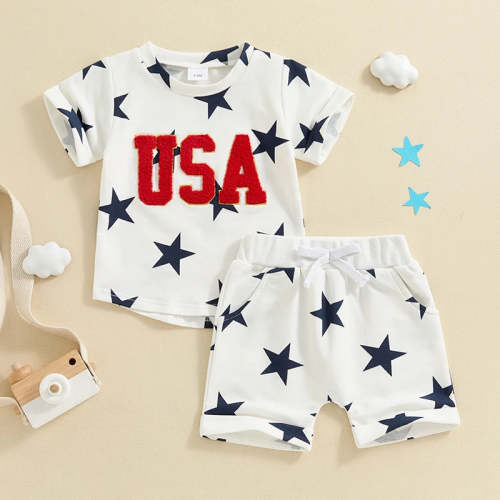 Baby Toddler Boys 2Pcs USA 4th of July Clothes Set Short Sleeve Embroidery Letters Top with Stars Print Shorts Outfit