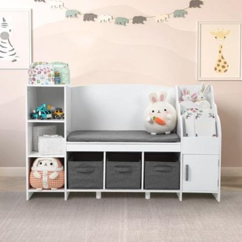 Whizmax Kids Reading Nook Bench With Bookshelf-storage Organizer With Seat Cushion,reading Bench With Bins,white