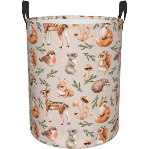 Gbuzozie 38L Round Laundry Hamper Forest Little Animals Storage Basket Waterproof Coating Deer Squirrel Fox Hedgehog Bird Organizer Bin For Nursery Clothes Toys