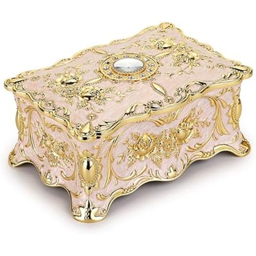 Hipiwe Vintage Metal Jewelry Box - Two Layer Rectangular Trinket Organizer Storage Box Ornate Treasure Chest Box Jewelry Decorative box Keepsake Gift Box Case for Women Girls, 7"x5"x3"