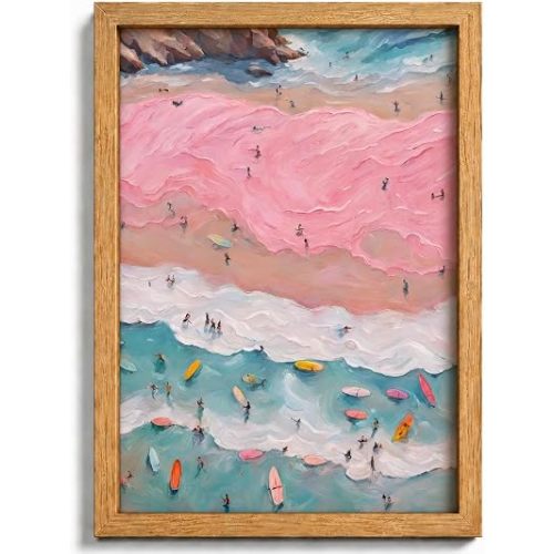 Framed Pink Coastal Canvas Wall Art,Girl Beach Surfers Picture Wall Decor