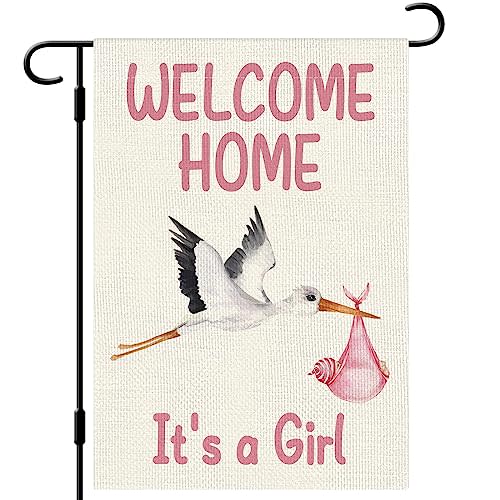 DLZDN Welcome Home Baby Girl Garden Flag Baby Shower Garden Flag 12×18 Inch Double Sided Burlap Flag Newborn Gender Reveal Lawn Yard Sign Stork Outdoor Decoration