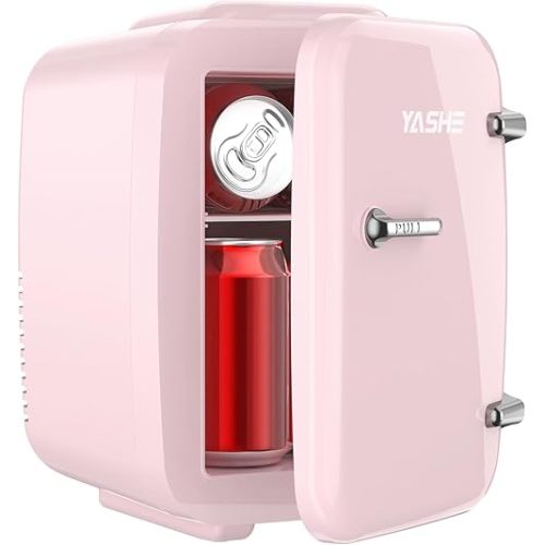 YASHE Mini Fridge, 4 Liter/6 Cans Small Refrigerator for Skincare, 110V AC/ 12V DC Thermoelectric Cooler and Warmer for Drink Office Dorm Bedroom Car, Pink
