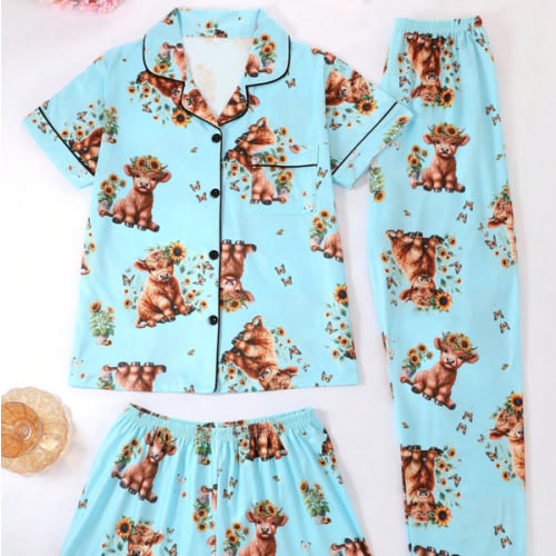 3pcs/Set Women's Cool Short Sleeve Pajamas, Shorts & Pants, Polo Collar Button Short Sleeve Tops, Casual Loose Cow Print, Suitable For All Seasons