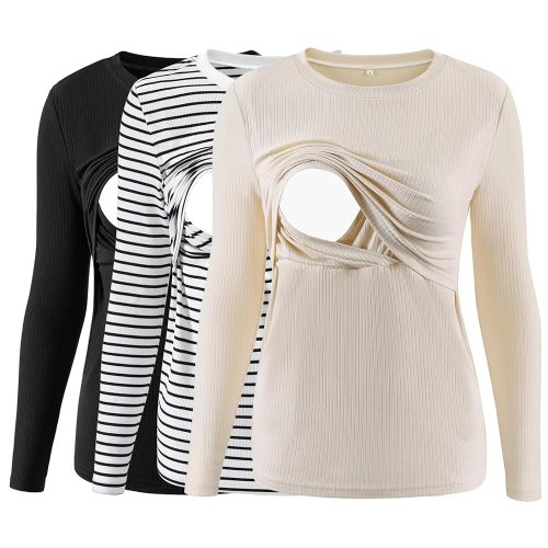 Liu & Qu Women's Nursing Tops Ribbed Long Sleeves Maternity Shirts Double Layer Breastfeeding Shirts Pregnancy Clothes 3 Pack