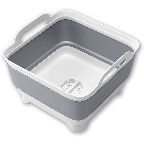 THANSTAR Collapsible Wash Basin, 9L/2.4Gal Foldable Sink with Drain Plug, 2-in-1 Dish Drying Rack & Storage Bucket, Portable Washing Bin for Kitchen/Camping/RV, BPA Free PP, Space-Saving Design, Gray