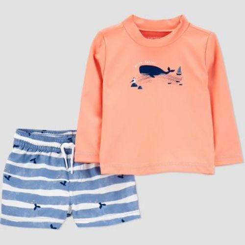 Carter's Just One You®️ Baby Boys' Long Sleeve Whale Printed Rash Guard Set - Blue/Orange 18M: UPF 50+, Elastic Waistband