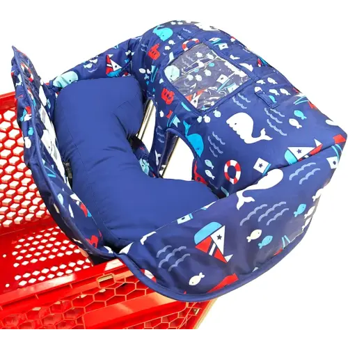 Soft Pillow Attached 2-in-1 Shopping Cart and High Chair Cover for Baby, Cotton Padded Cart Cover, Fold'n Roll Style, Portable with Carry Bag (Navy Blue Whale)