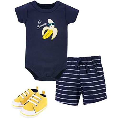 Hudson Baby Unisex Baby Cotton Bodysuit, Shorts and Shoe Set