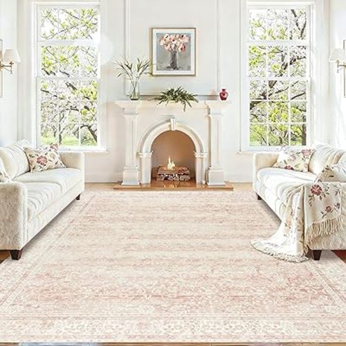 BILEEHOME Pink Washable 9x12 Area Rugs for Living Room Big Girls Bedroom Blush Pink Low Pile Soft Non Slip Neutral Boho Floral Extra Large Area Rug for Nursery Playroom Dining Room,9 by 12