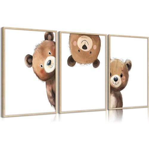 3Pcs Baby Teddy Bear Nursery Wall Art Peeking Bear Pictures Wall Decor Peekaboo Kids Room Decor Woodland Animal Posters Neutral Nursery Painting Canvas Print Artwork for Children's Baby Room Bedroom
