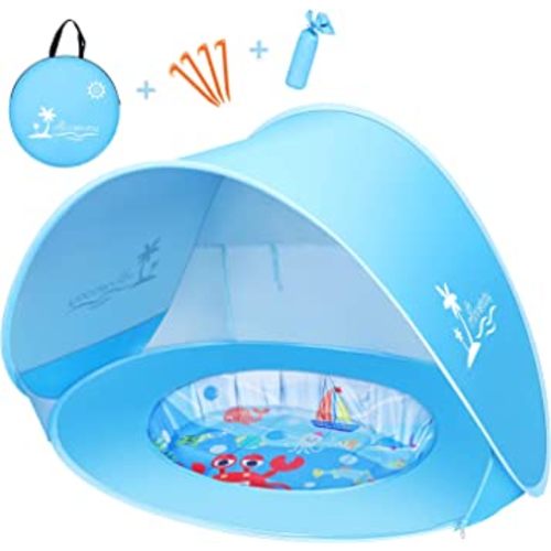 Baby Beach Tent with Pool, UPF50+ Pop Up Shade Tent for Infant, Baby Beach Sun Shade Pool with UV Protection, Blue
