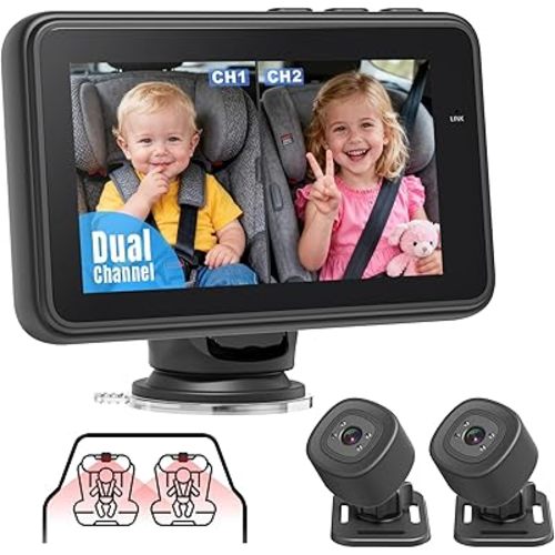 Baby Car Camera for 2 Kids - 4.3" Dual Channel Car Baby Monitor with Split Screen,Night Vision, Wide View, Easy Install Rear Facing Backseat Camera for Baby