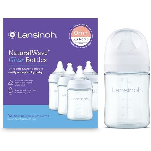 Lansinoh Glass Baby Bottles, Anti-Colic, White, 5oz, 4 Count, with Extra Slow Flow Nipples (Size XS, 0-1 Month), Baby Feeding Essentials