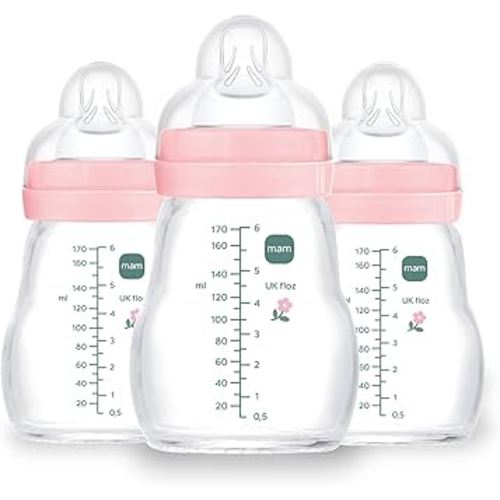 MAM Premium Glass Baby Bottles, Easy Switch Between Breast and Bottle, Feel Good Slow Flow, Newborn Essentials Must Have, 0+ Months, BPA Free, 6oz, Girl, 3 Pack