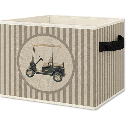 Vintage Golf Nursery Storage Bins Box with Handles, Golfing Sports Decor for Boys, Striped Golf Cart Aesthetic Collapsible Organizer Basket for Nursery Room Bedroom Playroom Toys Books