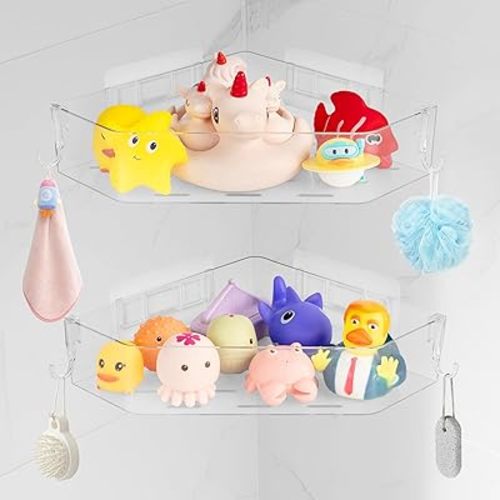 Bath Toy Storage Corner Adhesive Shower Caddy for Baby Bath Toys Bathtub Toy Storage Holder Organizer Large Capacity Acrylic Shower Shelves for Bathroom Babies Bathing Accessories Shelf, 2 Pack