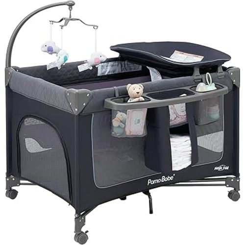 Pamo Babe Magic Fold Baby Playard, 1 Step to Set Portable Crib with Changing Table and Zipper Gate, Easy to Carry
