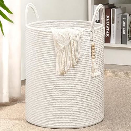 Goodpick White Laundry Basket with Handles, Tall Woven Laundry Hamper for Clothes, Towels, Pillows, Toys, Decorative Blanket Basket for Living Room, Bedroom, Playroom, 16 x 20 inches