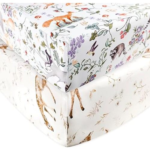 Fitted Crib Sheet 2 Pack, Crib Sheets 28"x 52" for Boys & Girls, Super Soft Breathable Toddler Bed Sheets for Standard Crib & Toddler Bed Mattress, Woodland Animal