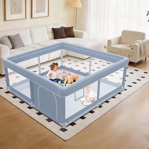 XVISHX 50 x 50 Inch Baby Playpen, Playpen for Babies and Toddlers, Baby Play Pen Playard for Indoor & Outdoor Active Center Game Fence, with Skin-Friendly Fabric and Soft Breathable Mesh, Grey