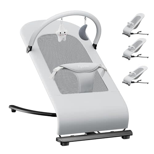 3-in-1 Portable Baby Bouncer & Rocker Chair for Newborn to Toddler - 4 Adjustable Recline Positions, Breathable Cotton Fabric, Natural Vibration, Supports Up to 33 lbs (Grey)
