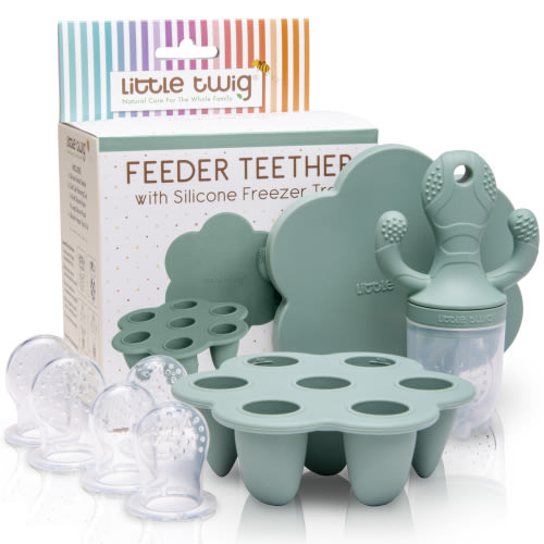 Little Twig Silicone Baby Fruit Feeder Teether Set with Pouches Freezer Tray & Measuring Cup, Sage