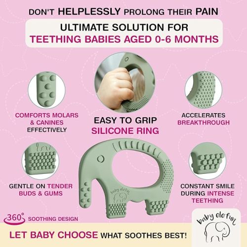 Teething Toys for Babies Age 0 to 6 Months - Baby Elefun 5X Pain Relief Smart Teether - Zero Developmental Delay Silicone Baby Teething Toy Ring - Cute Infant Shower Gift Chew Toy for Babies - 0-6 Мonths - 0-6 Olive
