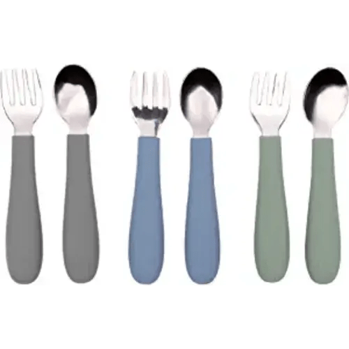 WeeSprout Toddler Utensils, 3 Forks & 3 Spoons, 18/8 Stainless Steel & Food Grade Silicone, Thick Easy-Grip Handles, Perfect Length For New Self Feeders, Gentle On Gums & Teeth, Dishwasher Safe - Matte Dark Gray, Blue, Green
