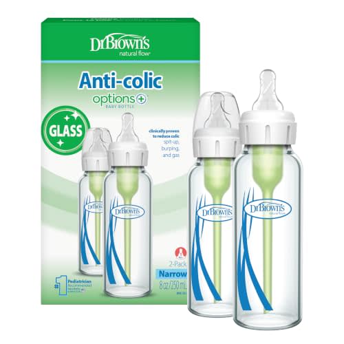 Dr. Brown's Anti-Colic Options+ Narrow Glass Baby Bottle with Level 1 Slow Flow Nipple, BPA-Free, 8 oz/250 mL, 0m+, 2-Pack (Packaging May Vary)